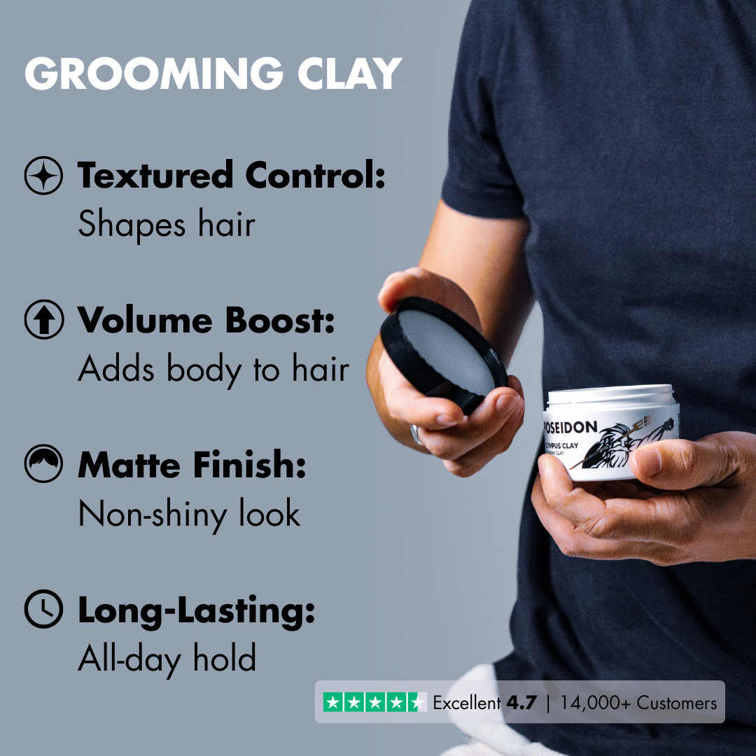 Strong hold matte finish and natural look with Poseidon Hair Grooming Clay