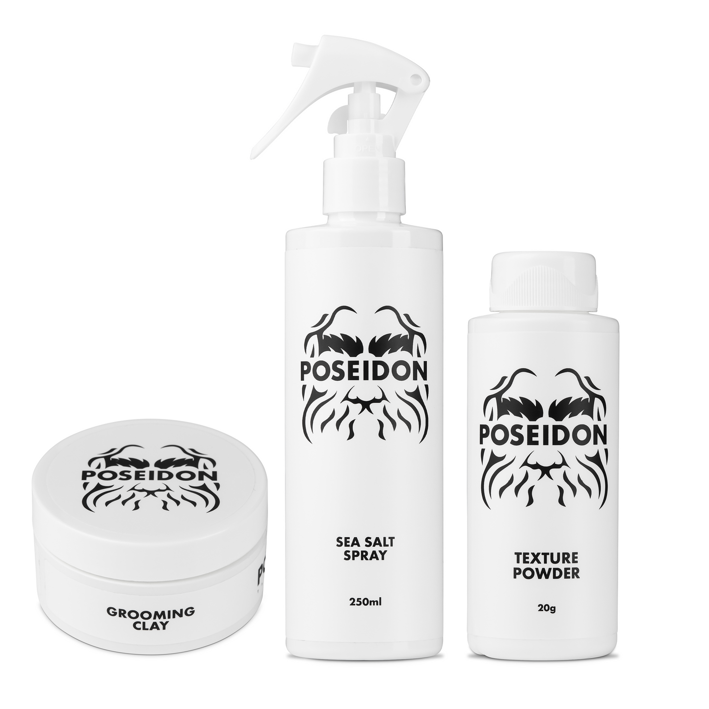 Poseidon Pack (Sea Salt Spray, Grooming Clay, Texture Powder): "Poseidon Pack - Perfect your style with the trio of Sea Salt Spray, Grooming Clay, and Texture Powder."