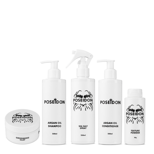 Poseidon 'The Total Pack' (Sea Salt Spray, Texture Powder, Grooming Clay, Argan Oil Shampoo & Conditioner):  "Poseidon 'The Total Pack' - Complete haircare and styling mastery with our top-rated essentials."