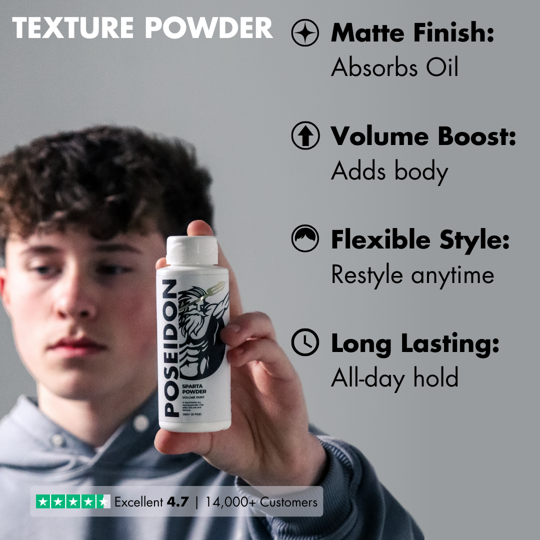 Adds lift volume and matte finish with Poseidon Hair Texture Powder