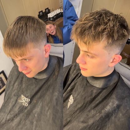 Before and after using Poseidon Hair Texture Powder for volume