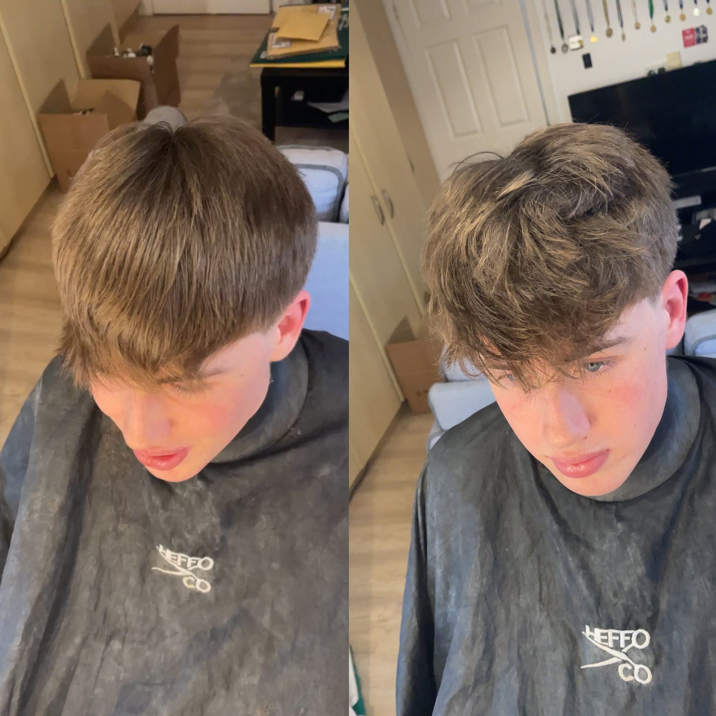 Hair transformation before and after using Poseidon Hair Sea Salt Spray for men’s textured look