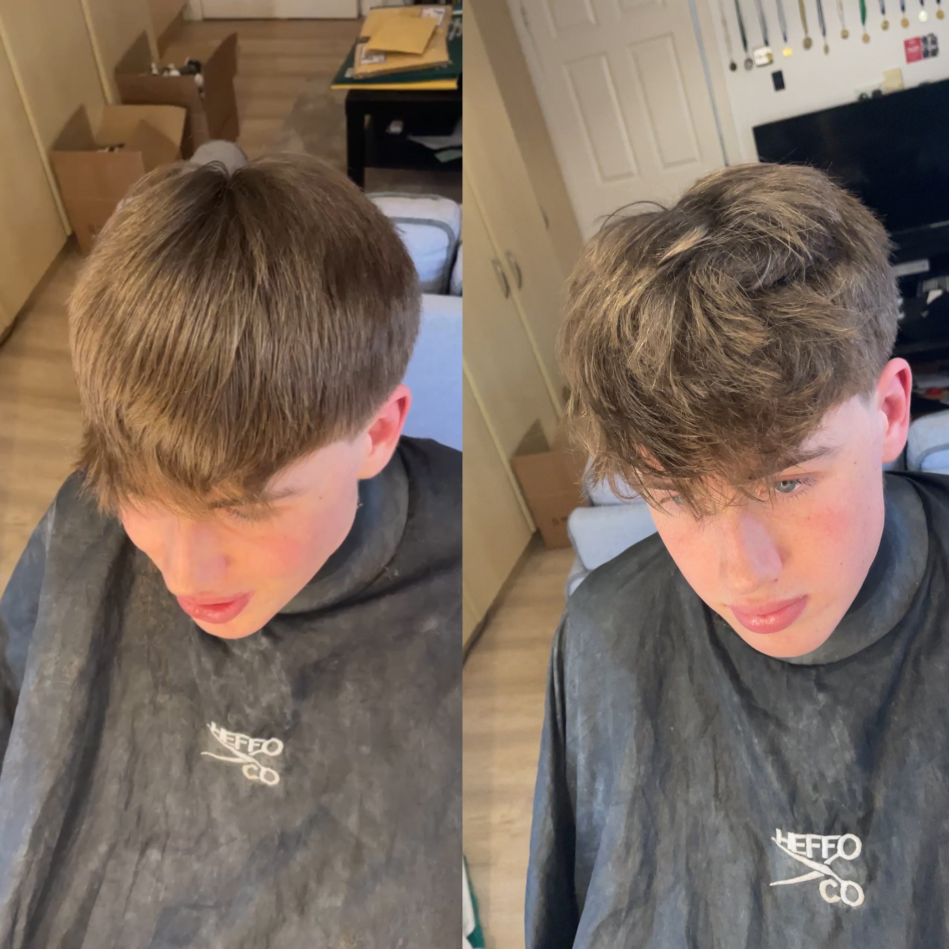 Hair transformation before and after using Poseidon Hair Sea Salt Spray for men’s textured look